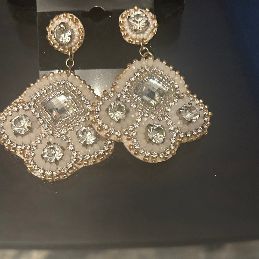 Gold-Tone White Crystal Statement Drop Earrings - Picture 5 of 10